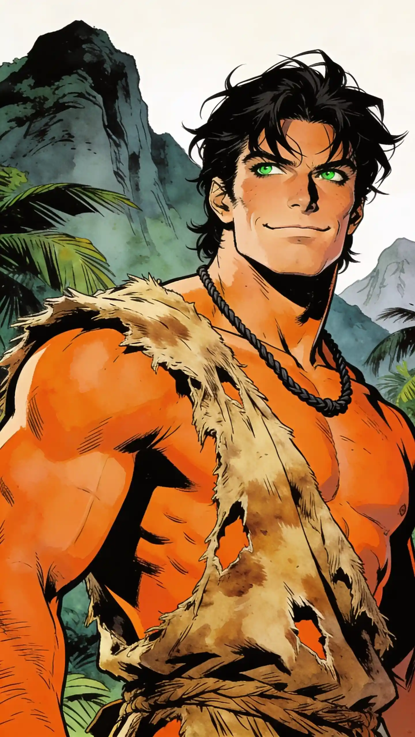 Powerful orange skinned man in tropical mountain landscape