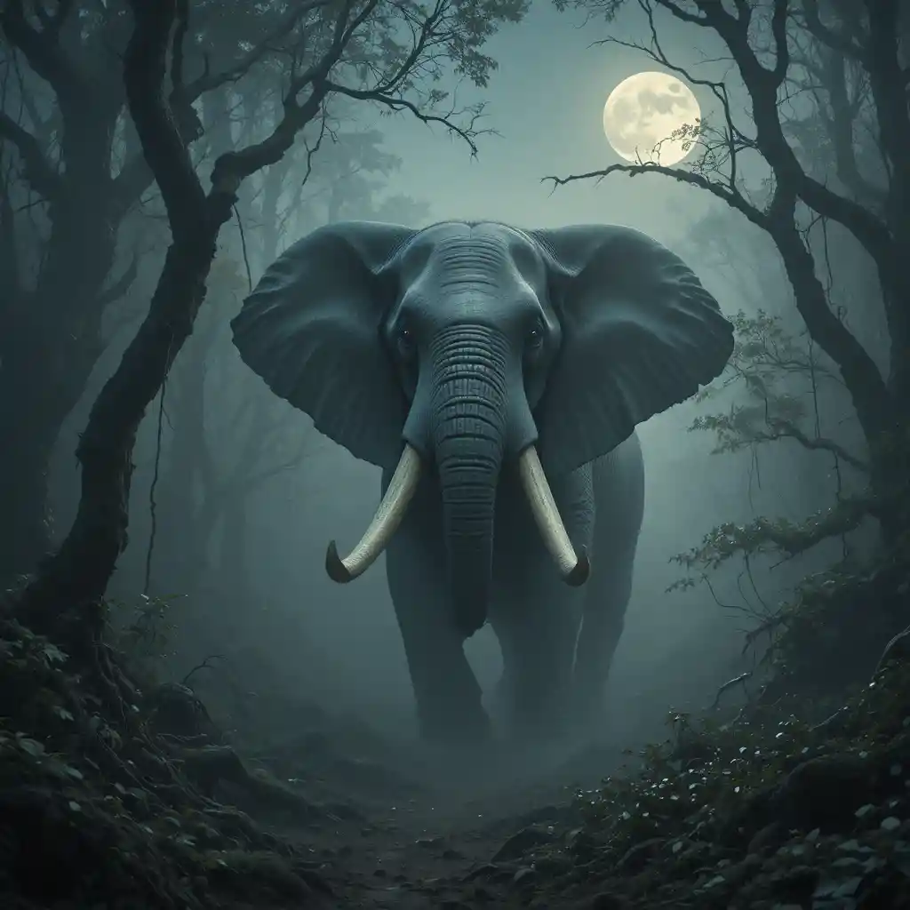 Elephant Emerging Through Moonlit Mist In Dark Forest