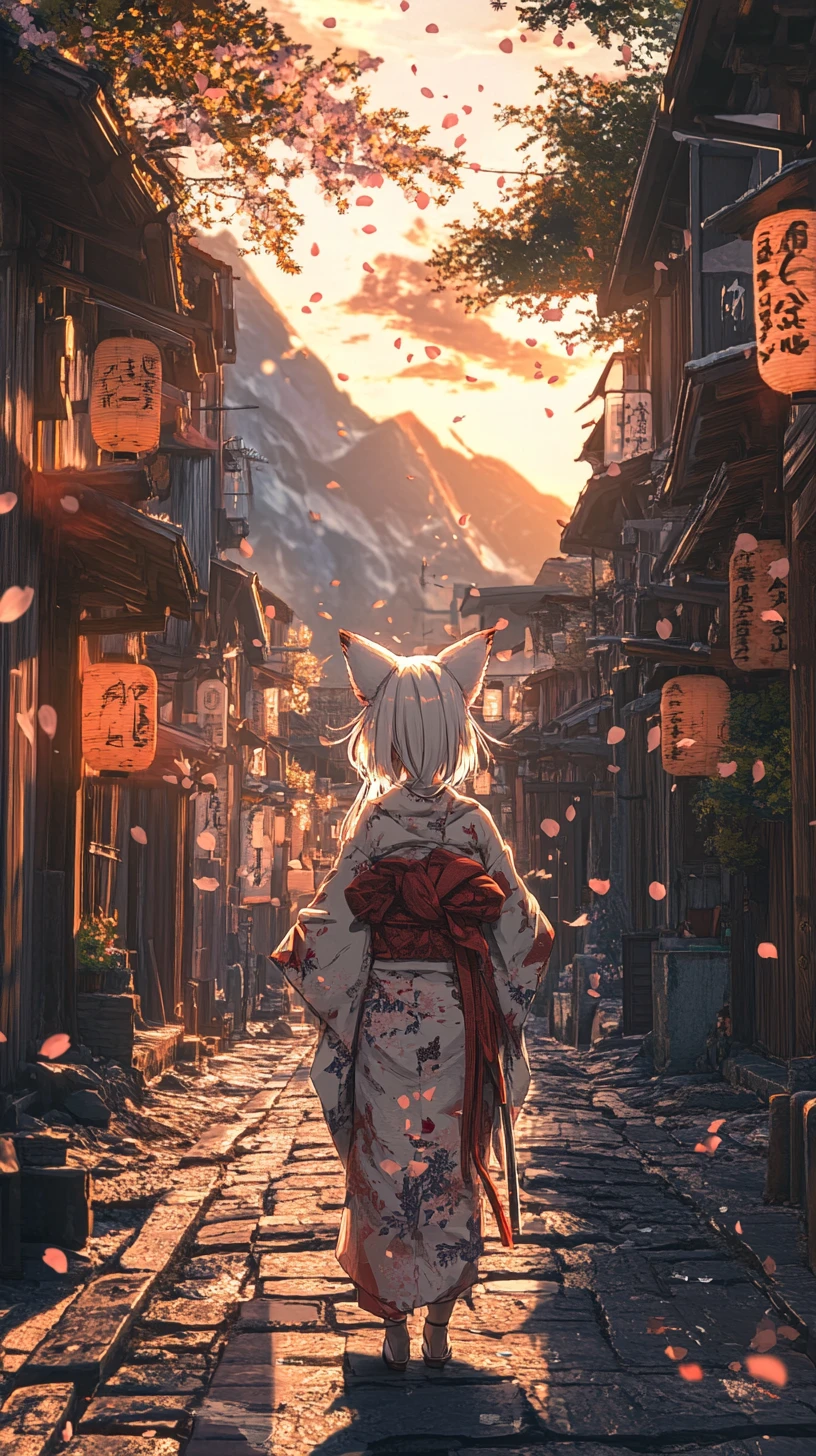 Anthropomorphic cat girl in tattered kimono on village street