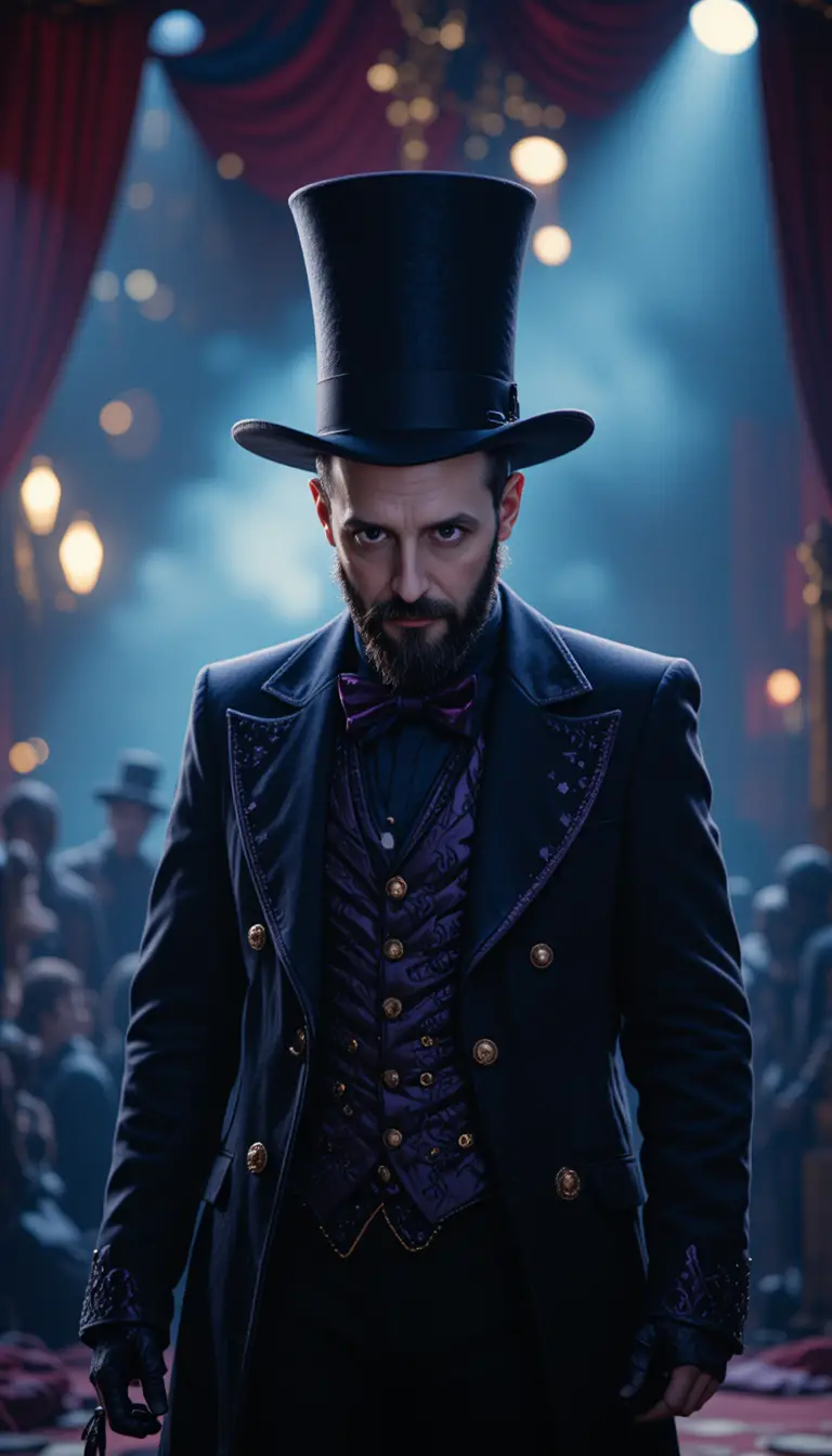 Creepy Ringmaster In Black And Purple On Center Stage