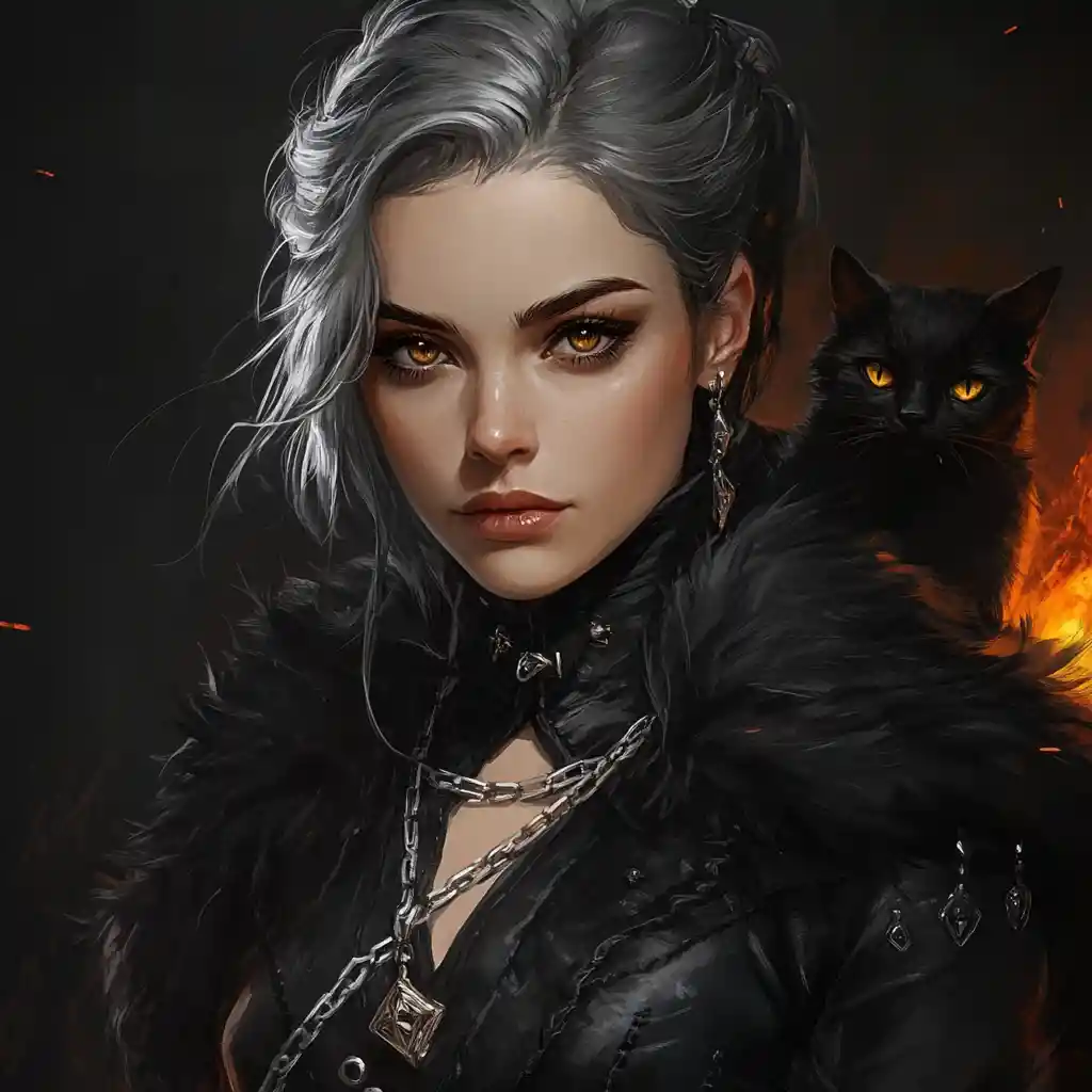 Dark fantasy witch with amber eyes and black cat companion