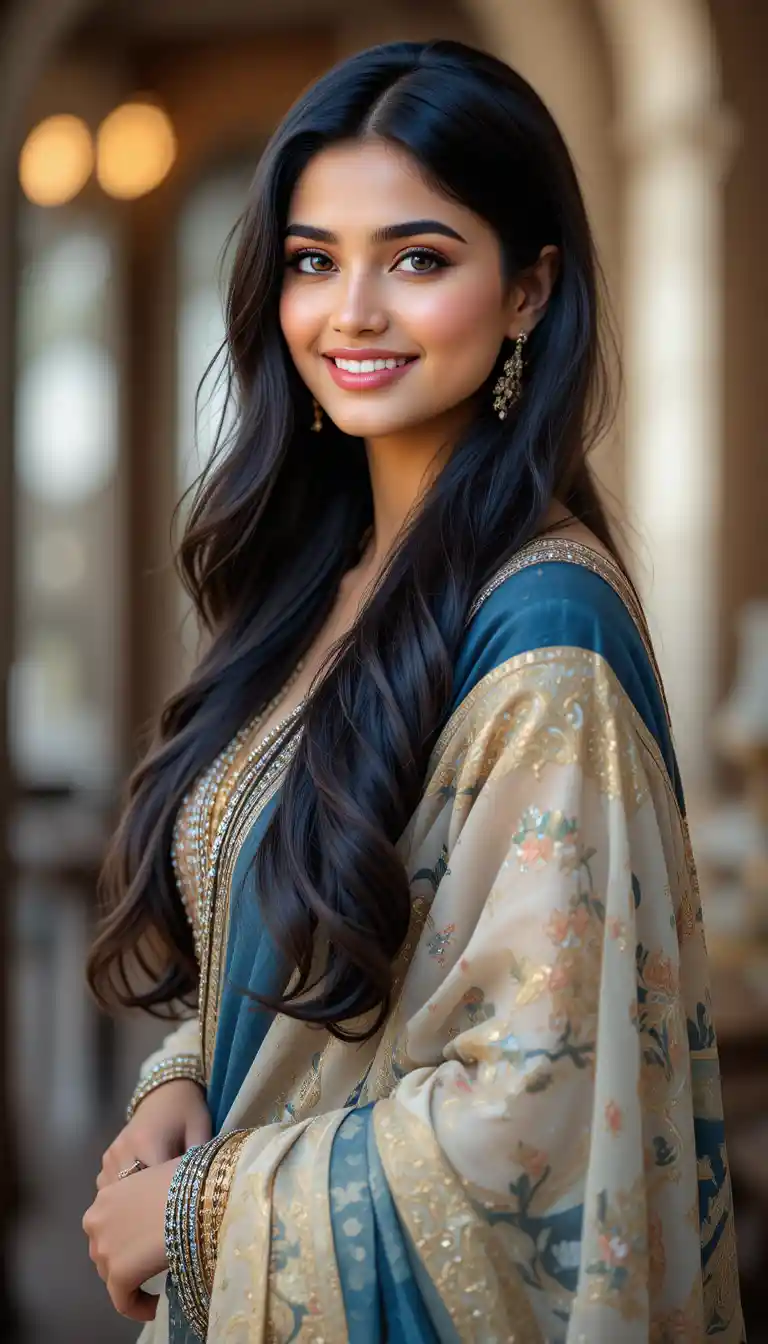 Elegant Indian woman smiling in a modern traditional outfit