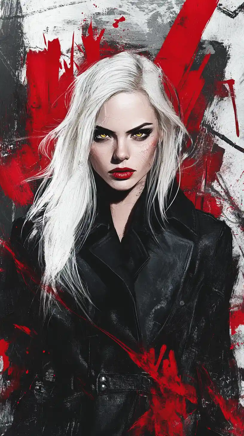 Intense blonde woman in black coat against red graffiti backdrop