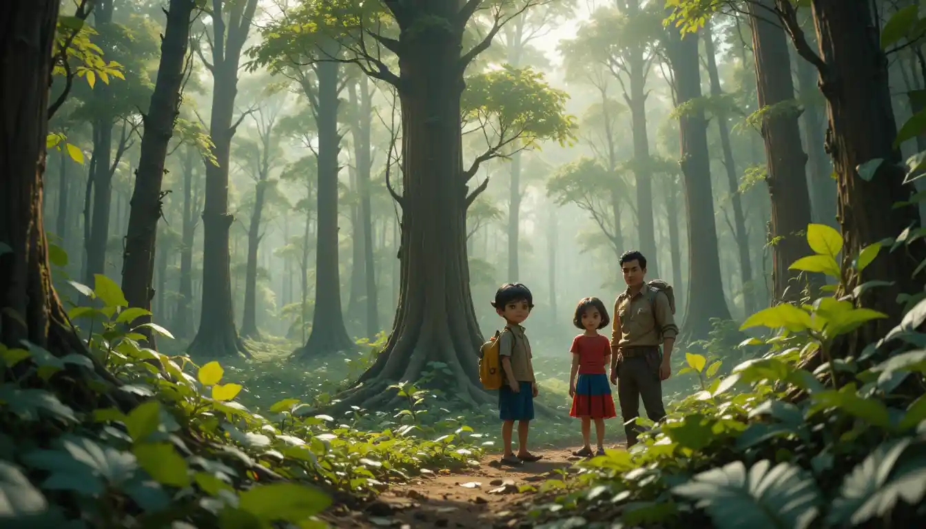Children exploring a mysterious forest filled with ancient trees