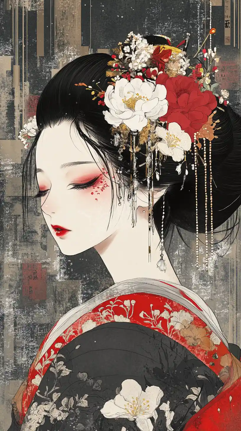 Japanese woman in kimono with flowers against urban cityscape