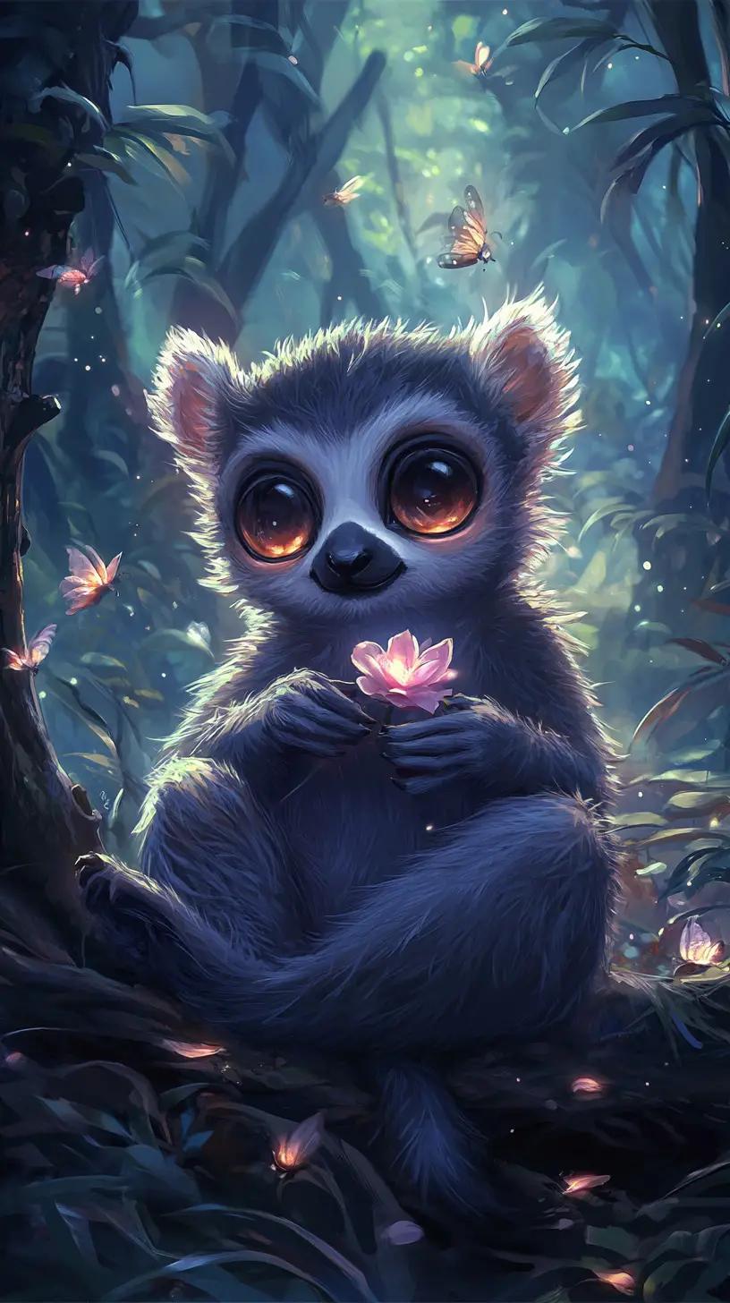 Curious lemur with glowing rose in an enchanted forest