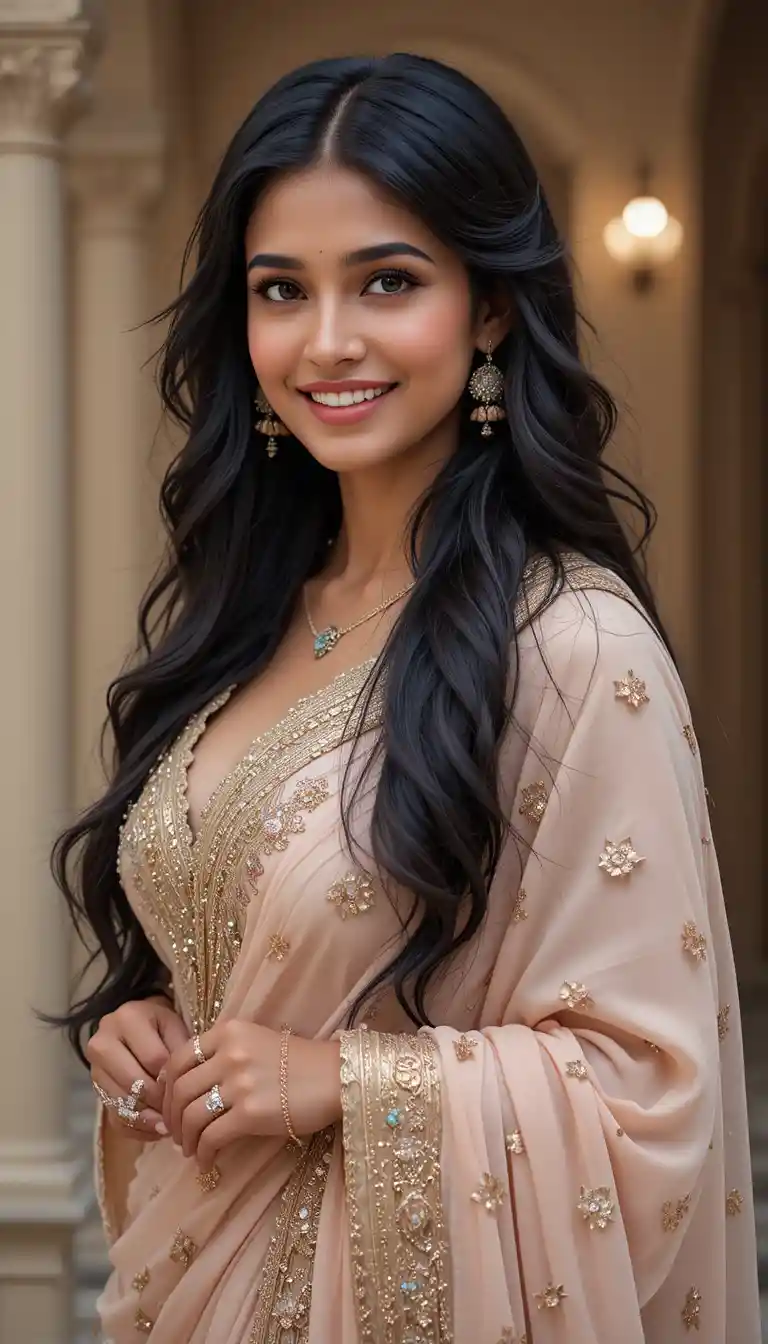 Elegant Indian woman smiling with long dark hair