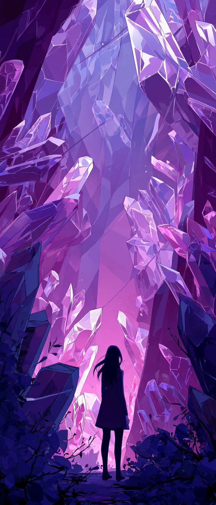 Anime woman in glowing crystal cavern of lost family echoes