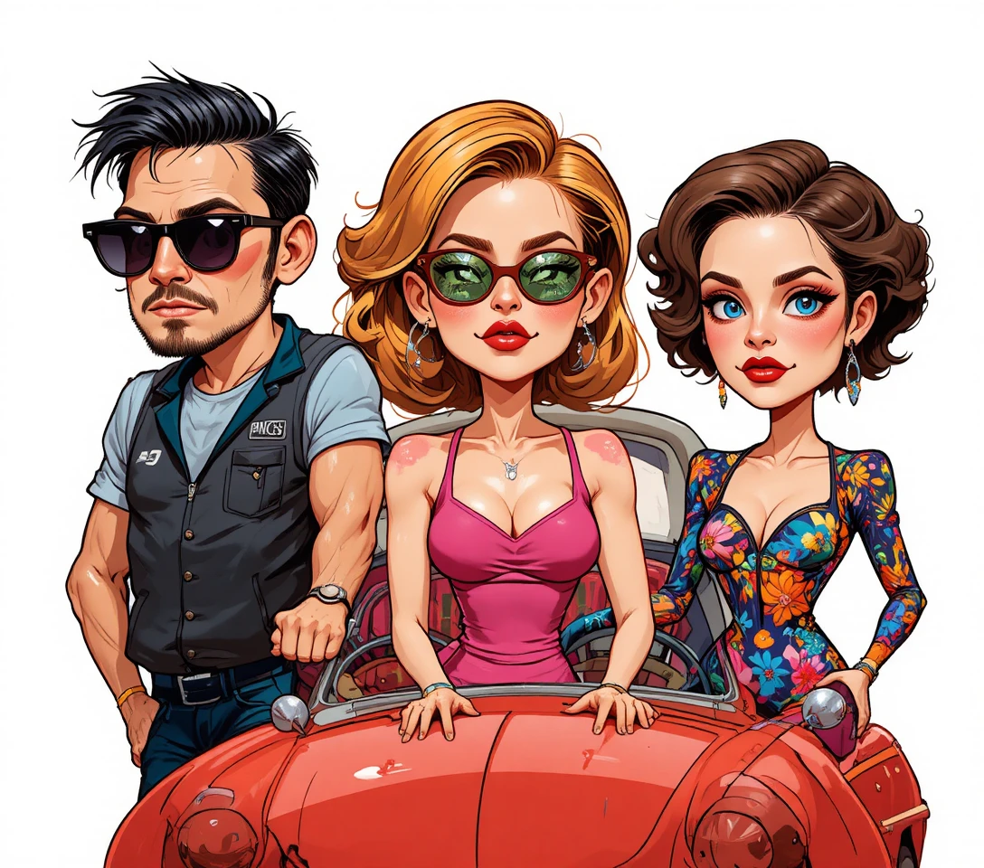 Three stylized figures with a red vintage car on white