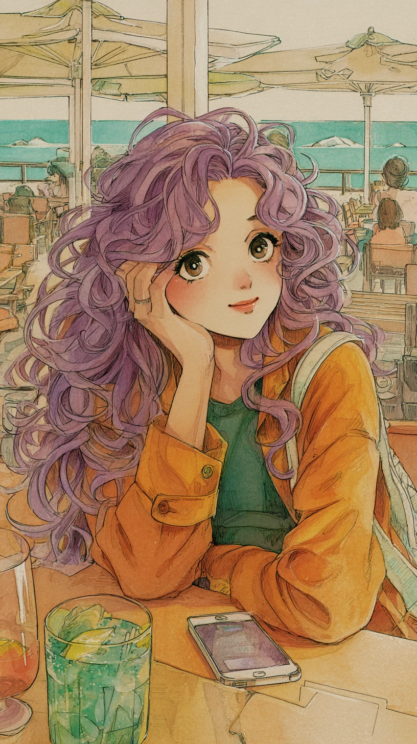 Shy smiling smartphone character at a sunny beach cafe