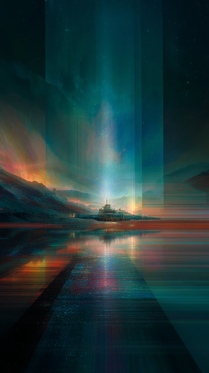 Surreal spaceship crossing dimensions in a warped cosmic sky