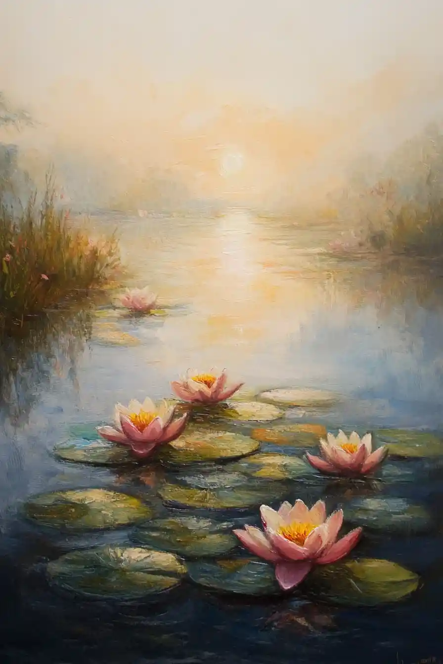Impressionist Water Lilies At Sunrise In A Quiet Pond