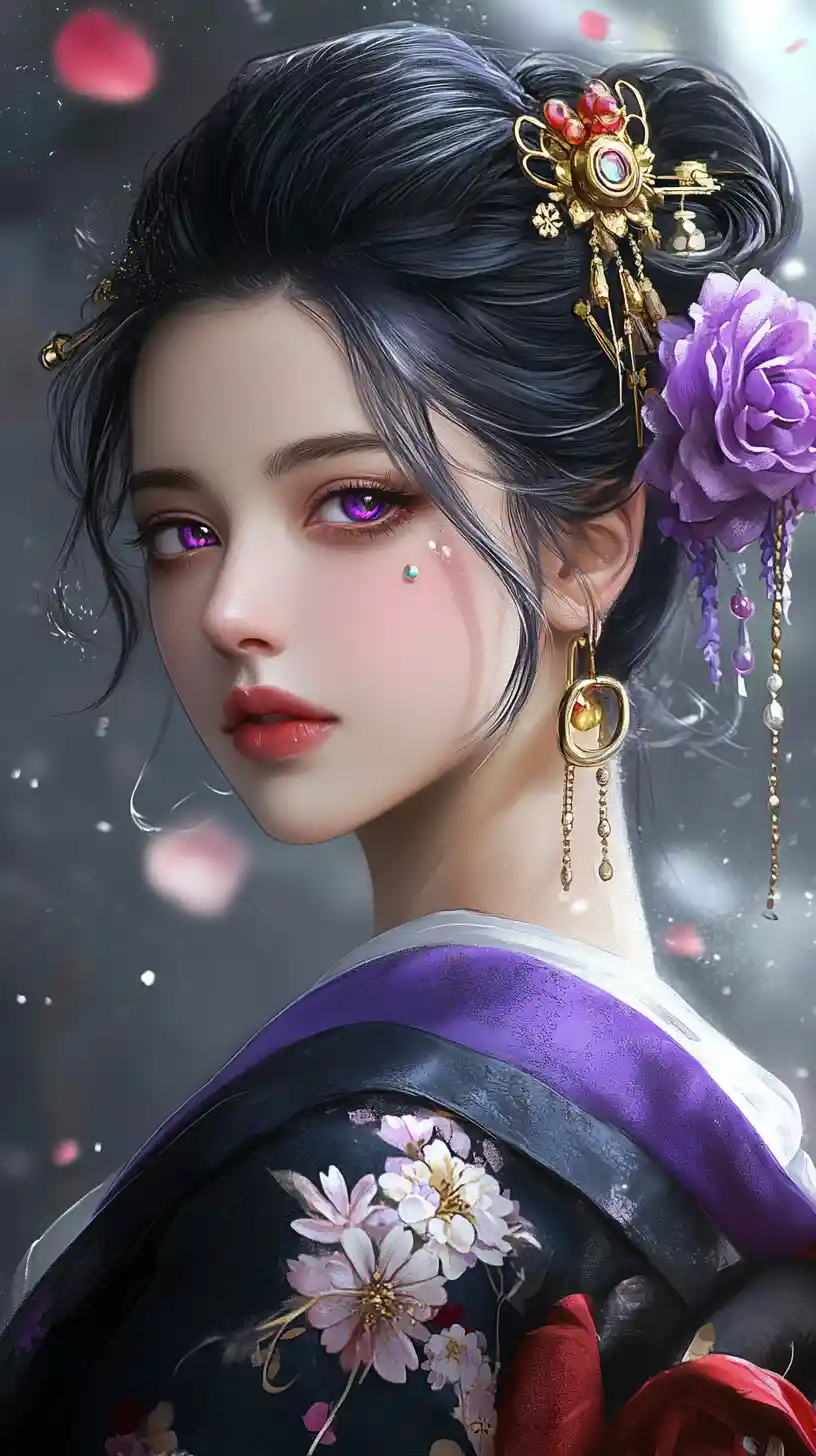Violet eyed woman in black kimono with golden kanzashi