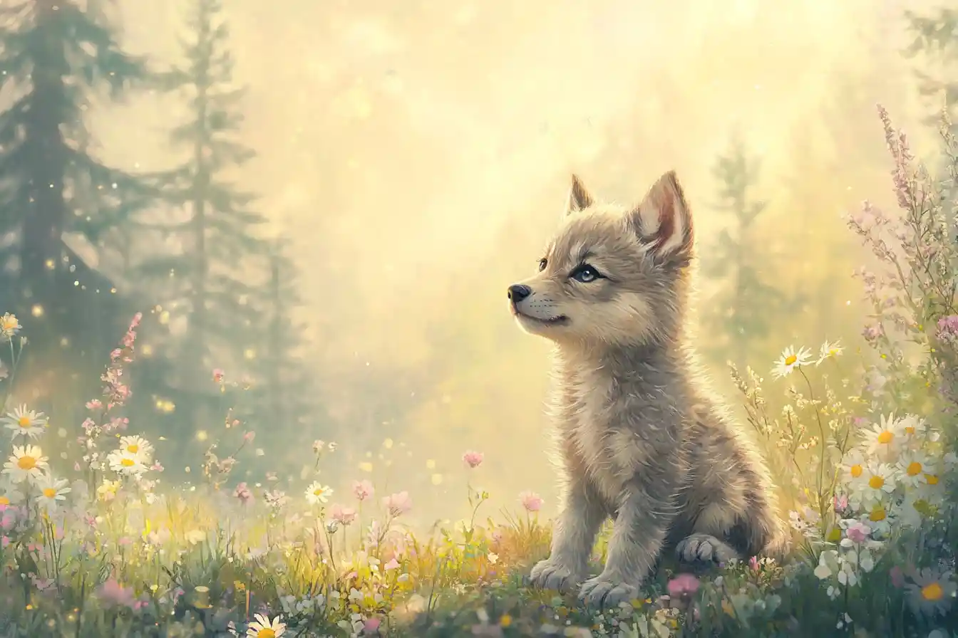 Cute gray wolf pup in a glowing wildflower meadow