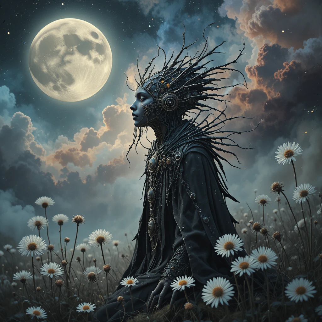 Melancholic steampunk creature drifting in cosmic moonlit space