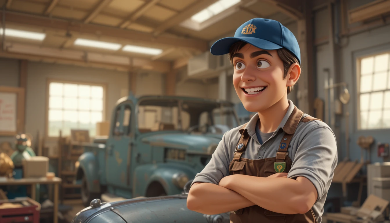 Worker with an American car on a city street