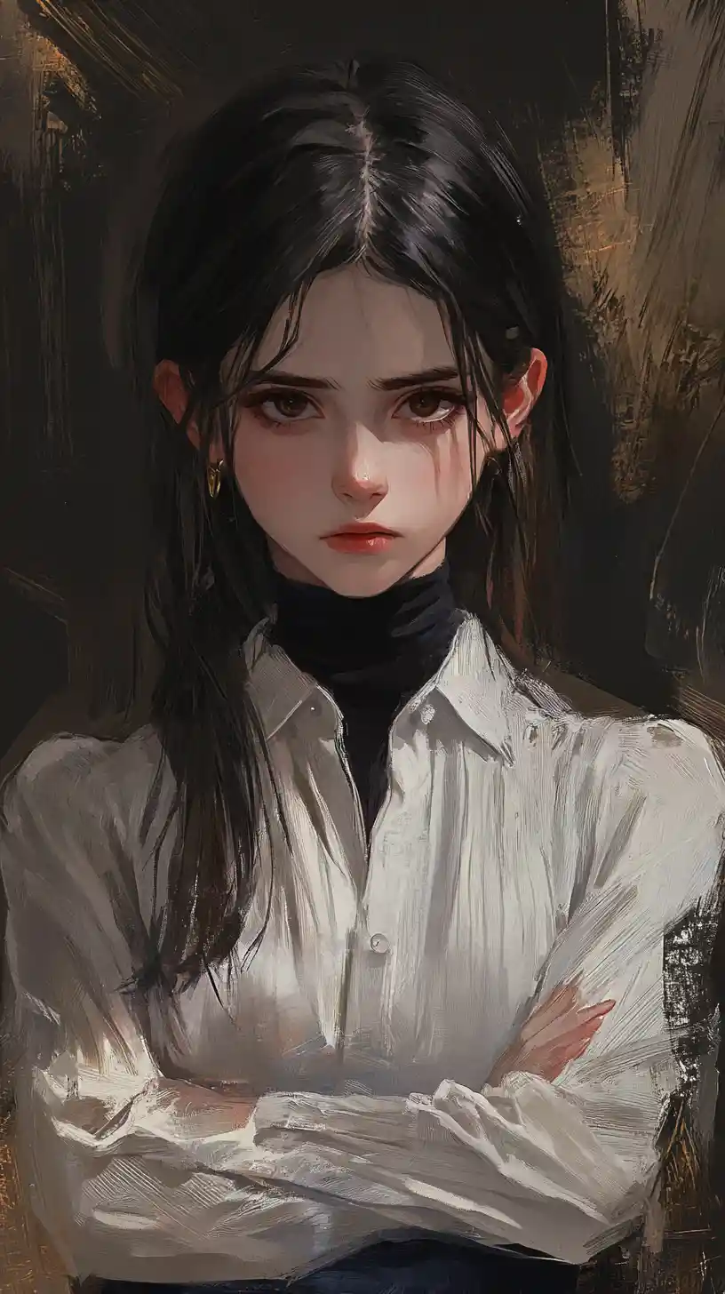 Defiant schoolgirl with crossed arms in dramatic light