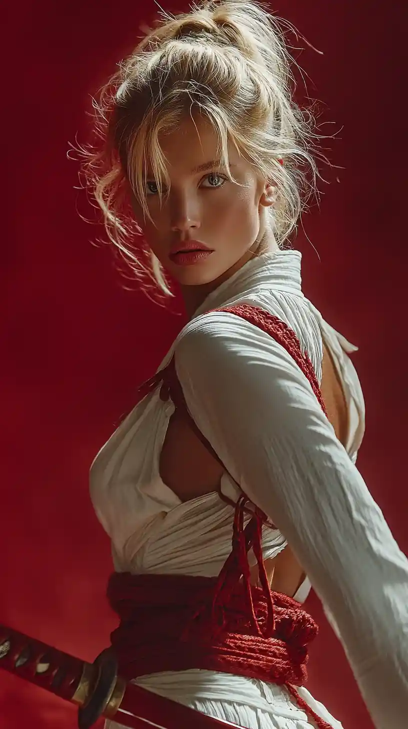Cinematic portrait of a woman warrior with a Japanese sword