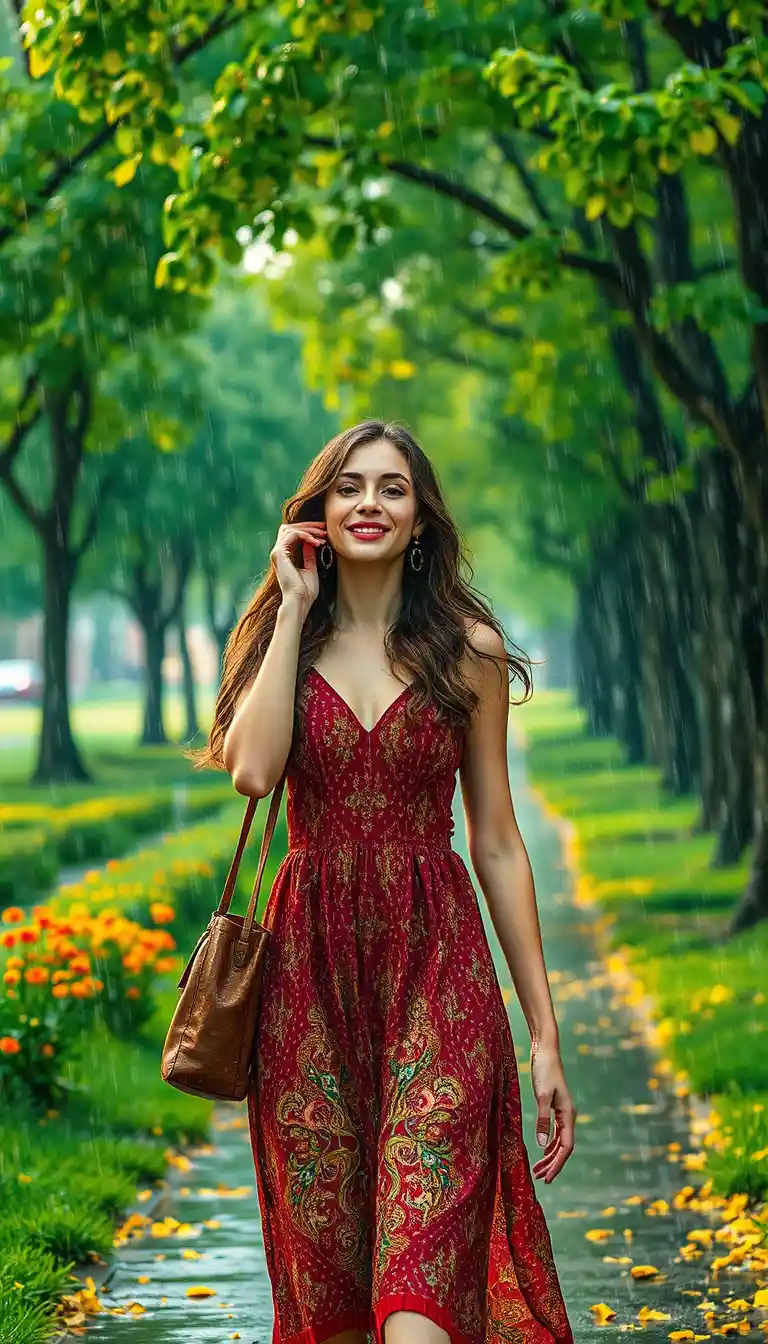 Joyful woman walking through rainy city park in summer