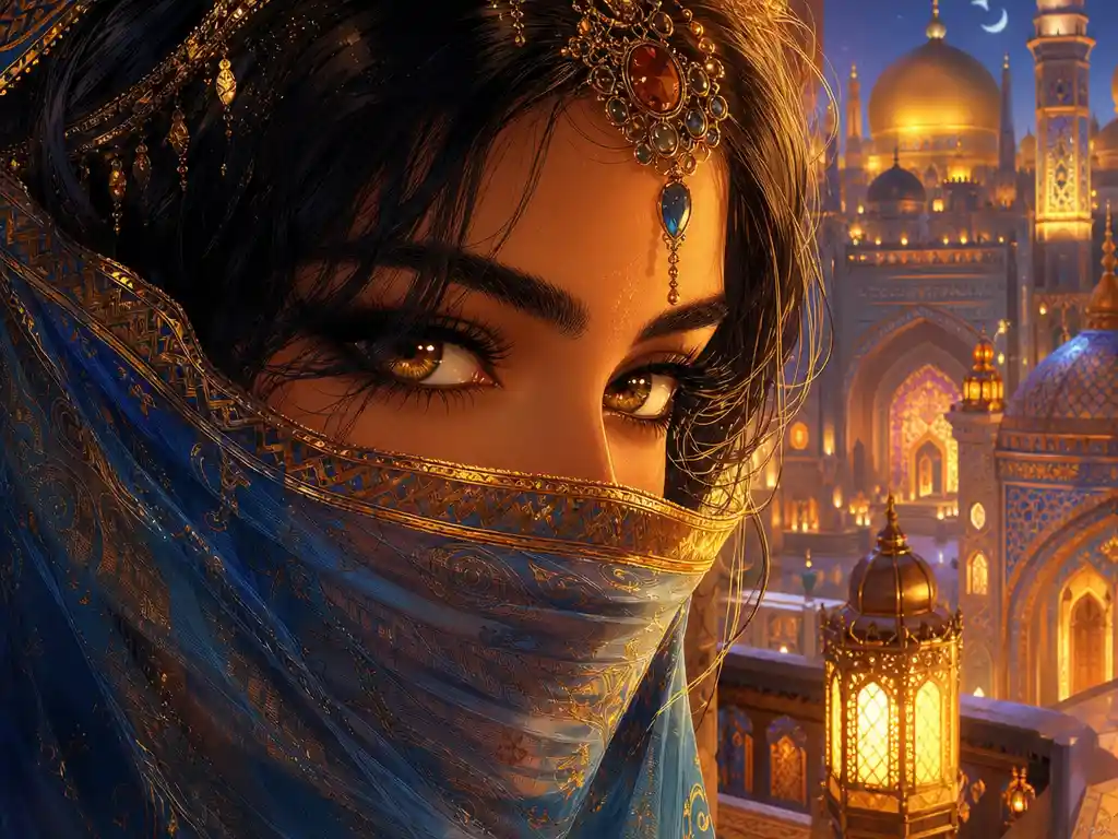 Veiled oriental girl with glowing eyes in close portrait
