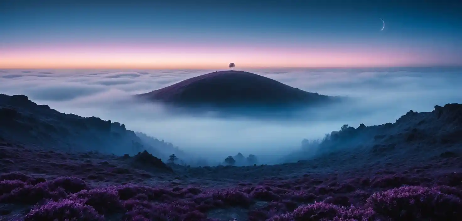 Paesaggio surreale e nebbioso con colossale cerchio nero all’ora blu