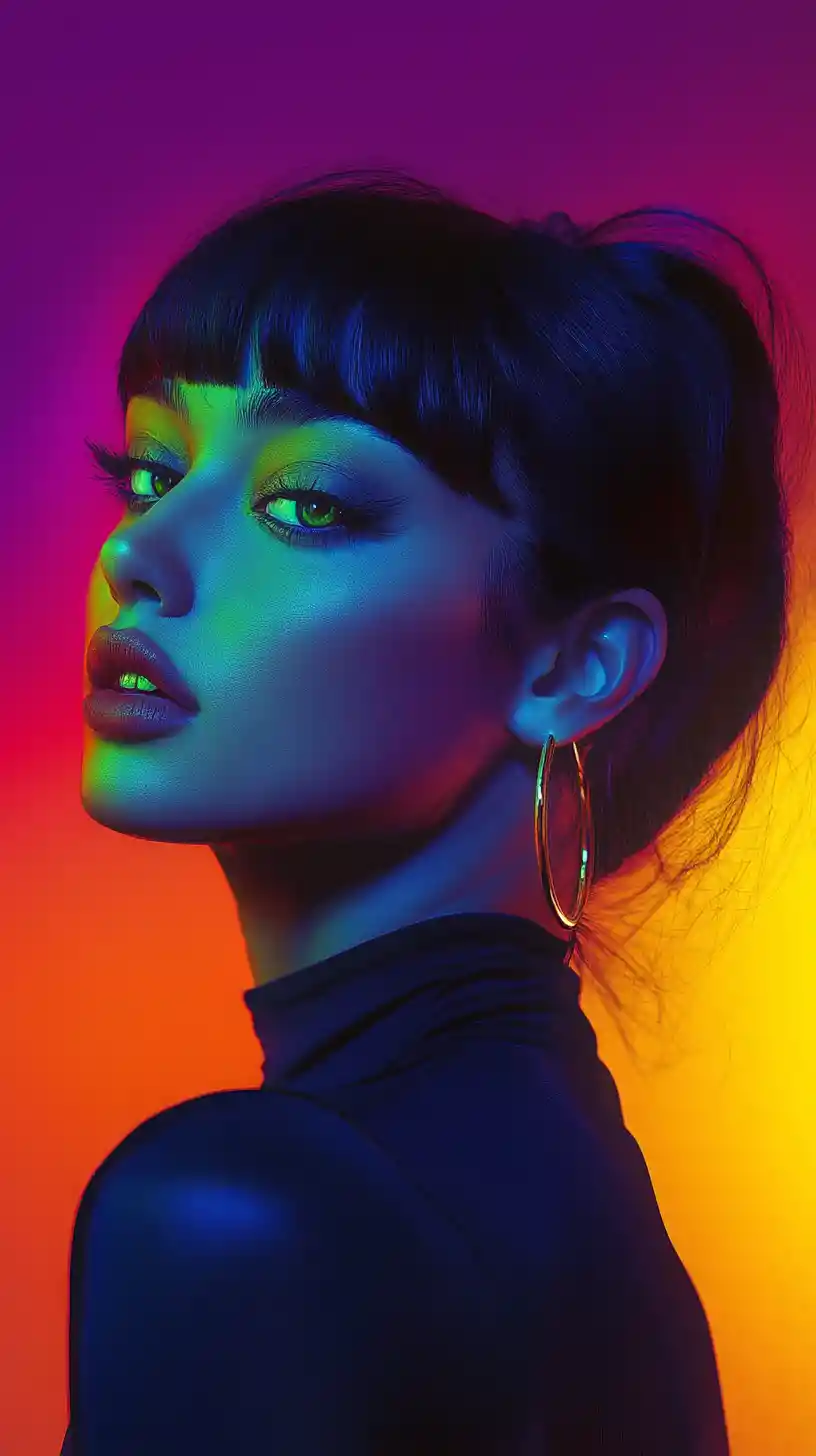 Neon lit woman with glowing green eyes in profile