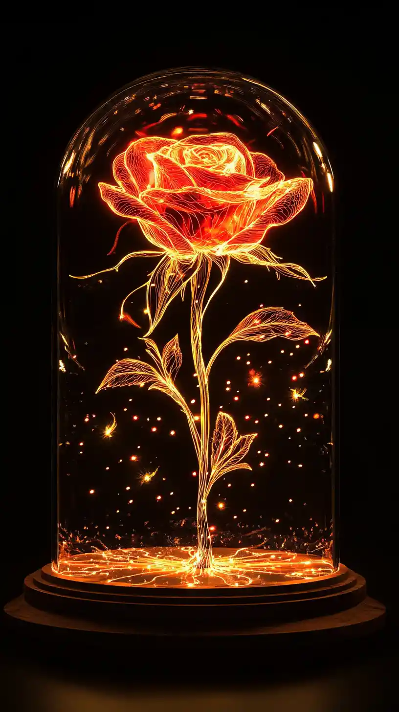 Glowing Rose Silhouette In Crystal Glass Dome On Black