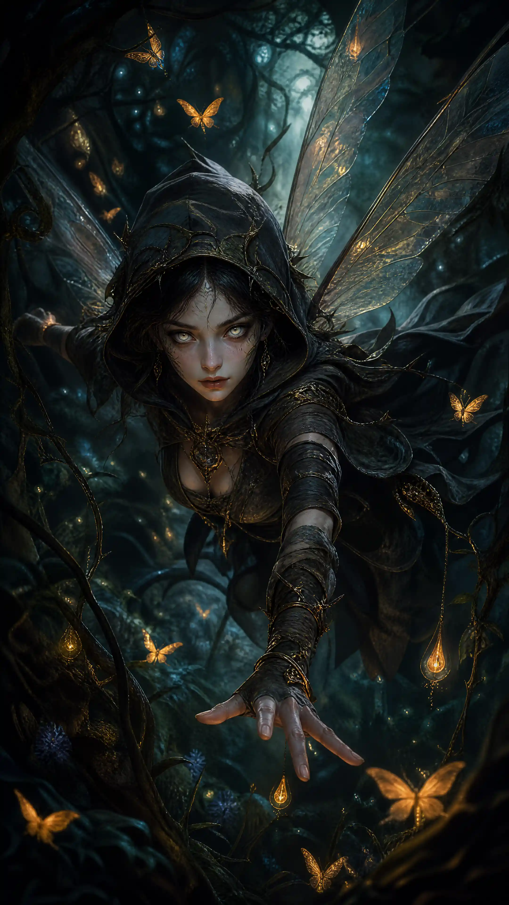 Dark forest fairy gliding through glowing enchanted night