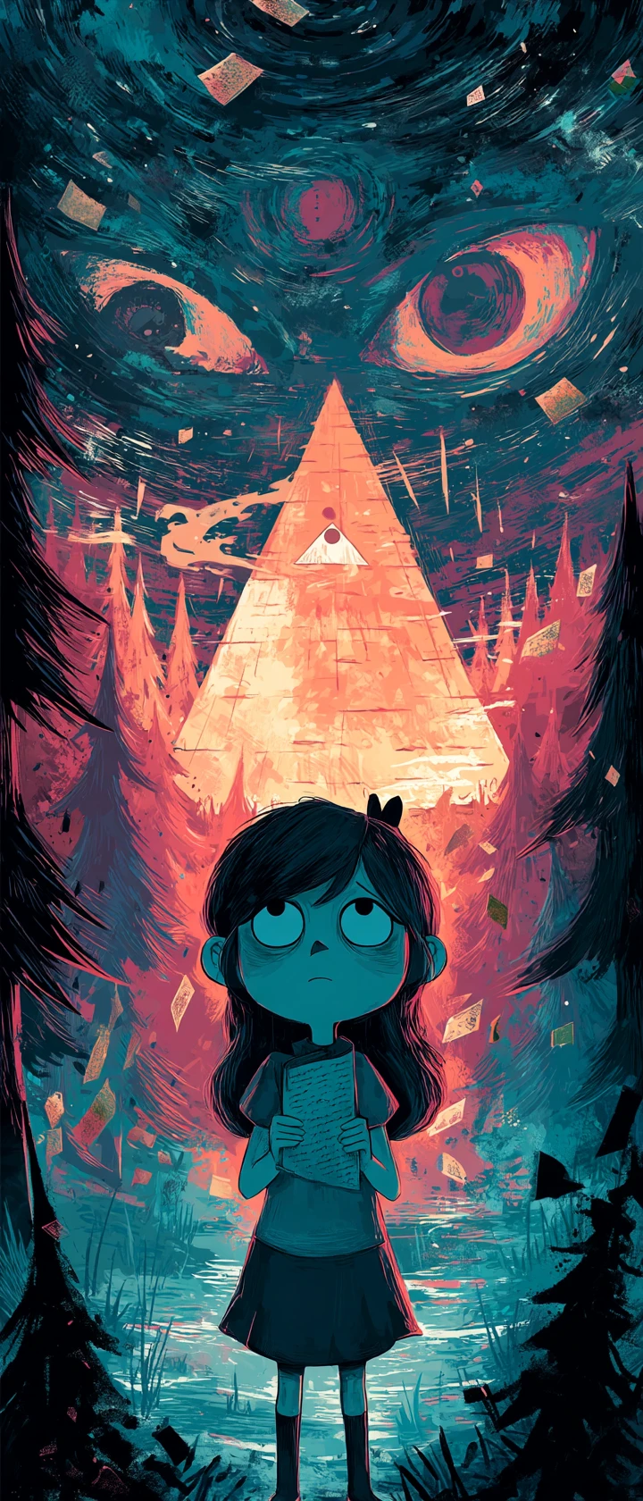 Anime girl at glowing forest anomaly clutching fading journal