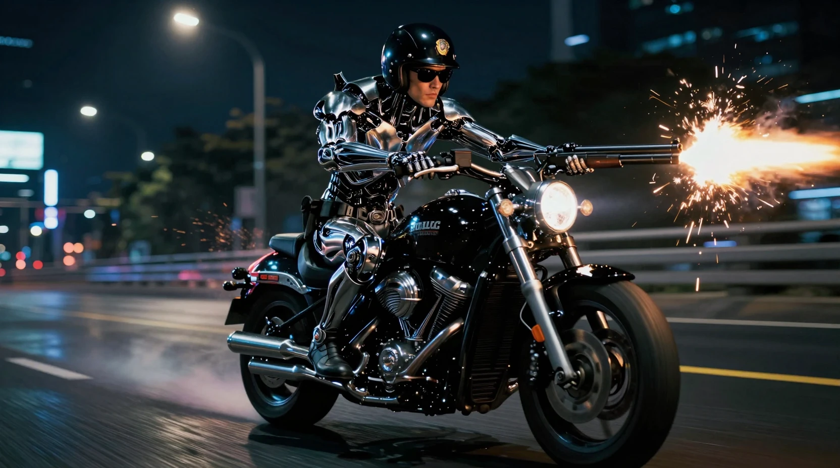 Liquid metal rider on police motorcycle firing shotgun