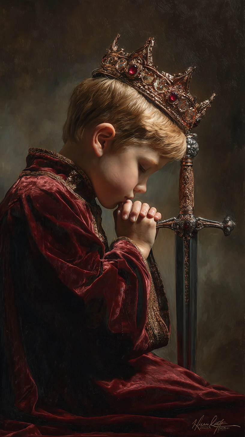 Young king bowing in solemn reflection with ceremonial sword