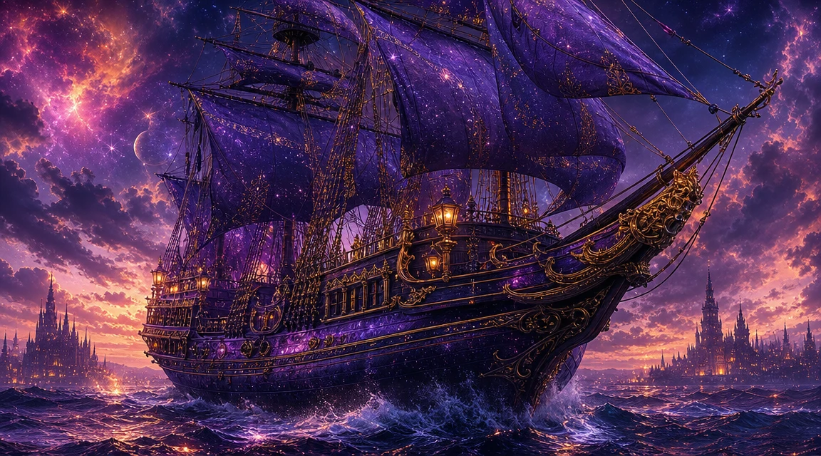 Surreal Gothic Galleon Sailing On A Stormy Fantasy Sea