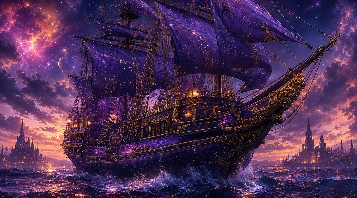 Surreal Gothic Galleon Sailing On A Stormy Fantasy Sea