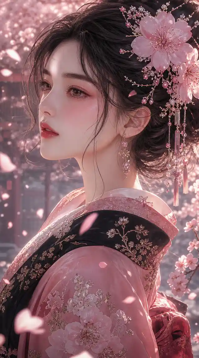 Dreamy anime girl in a cherry blossom garden