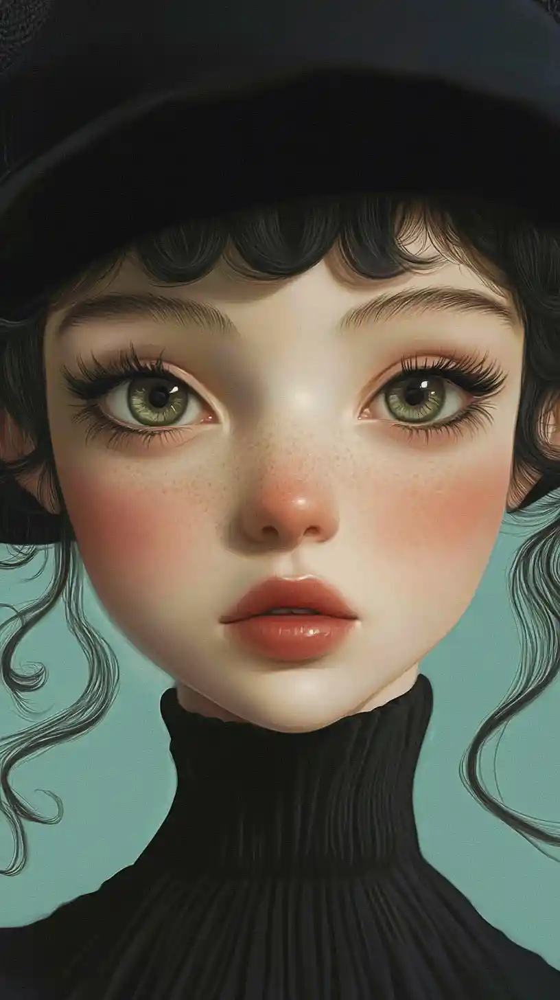 Surreal close up portrait of a girl with doll like eyes