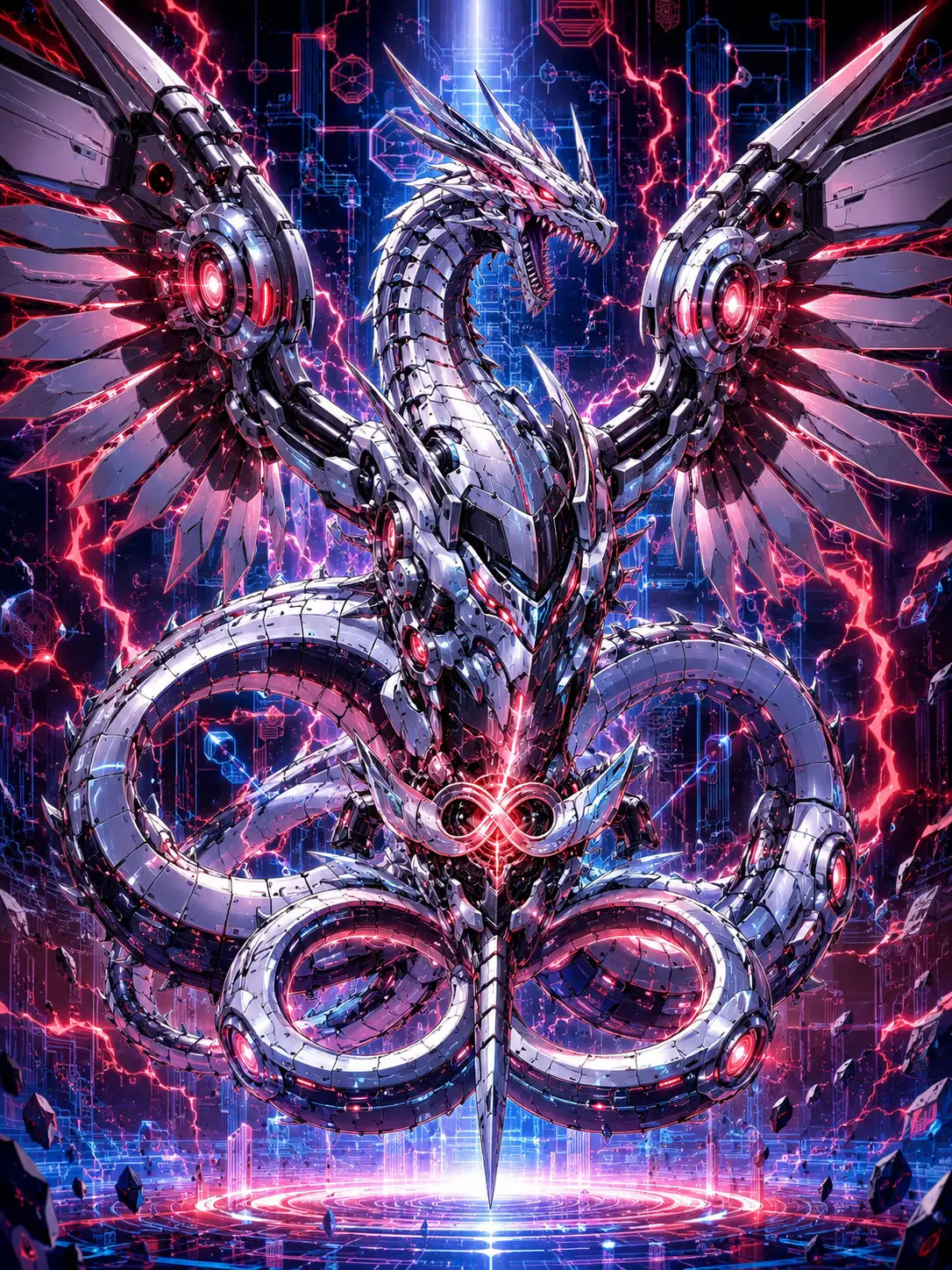 Mechanical cyber dragon roaring in a digital void