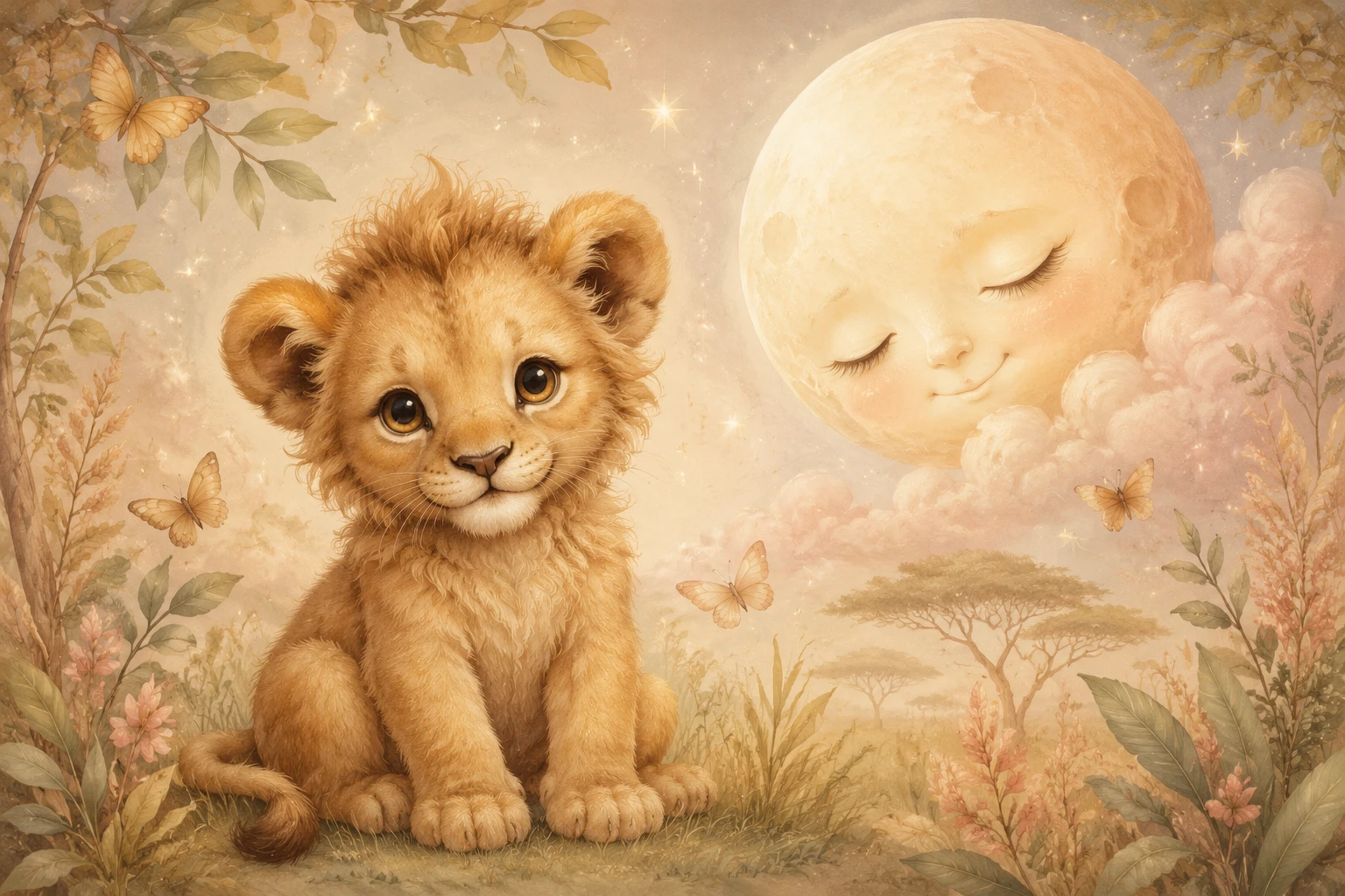Cute baby lion cub on grass with pastel butterflies