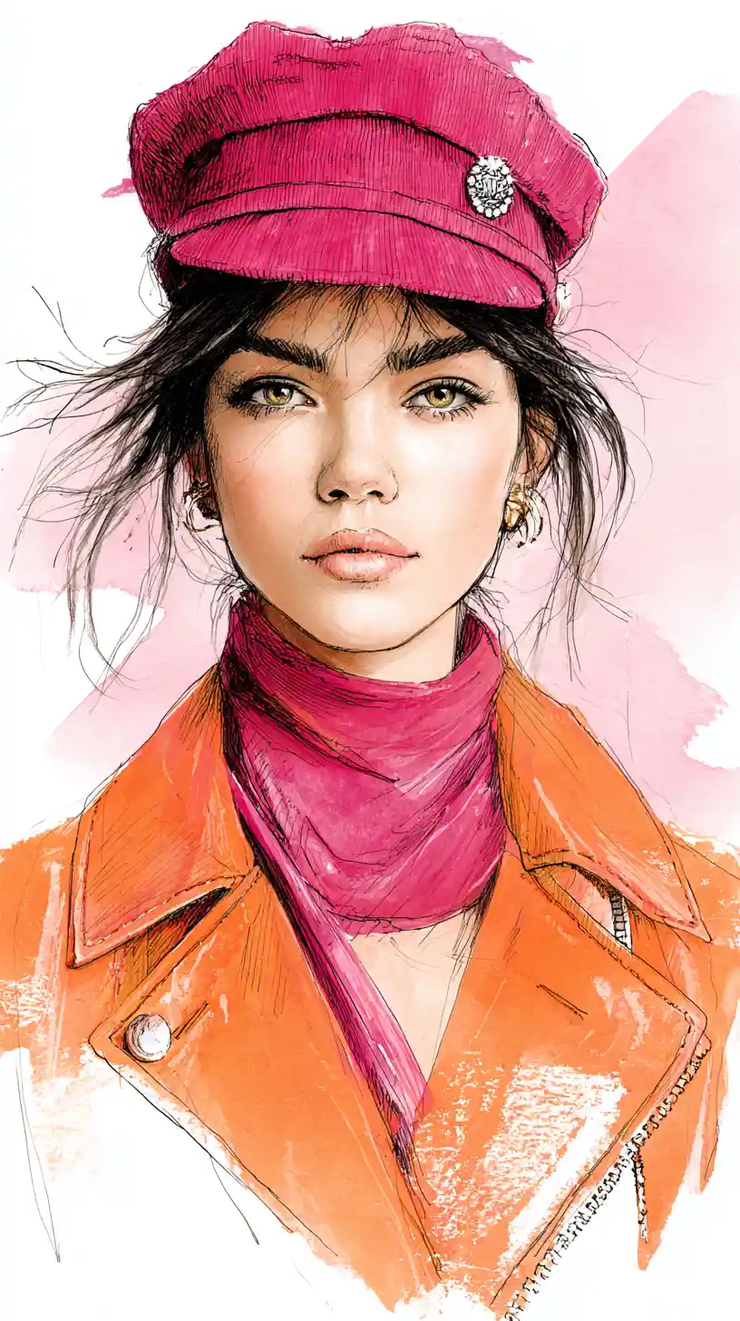Stylish woman in pink cap and scarf portrait
