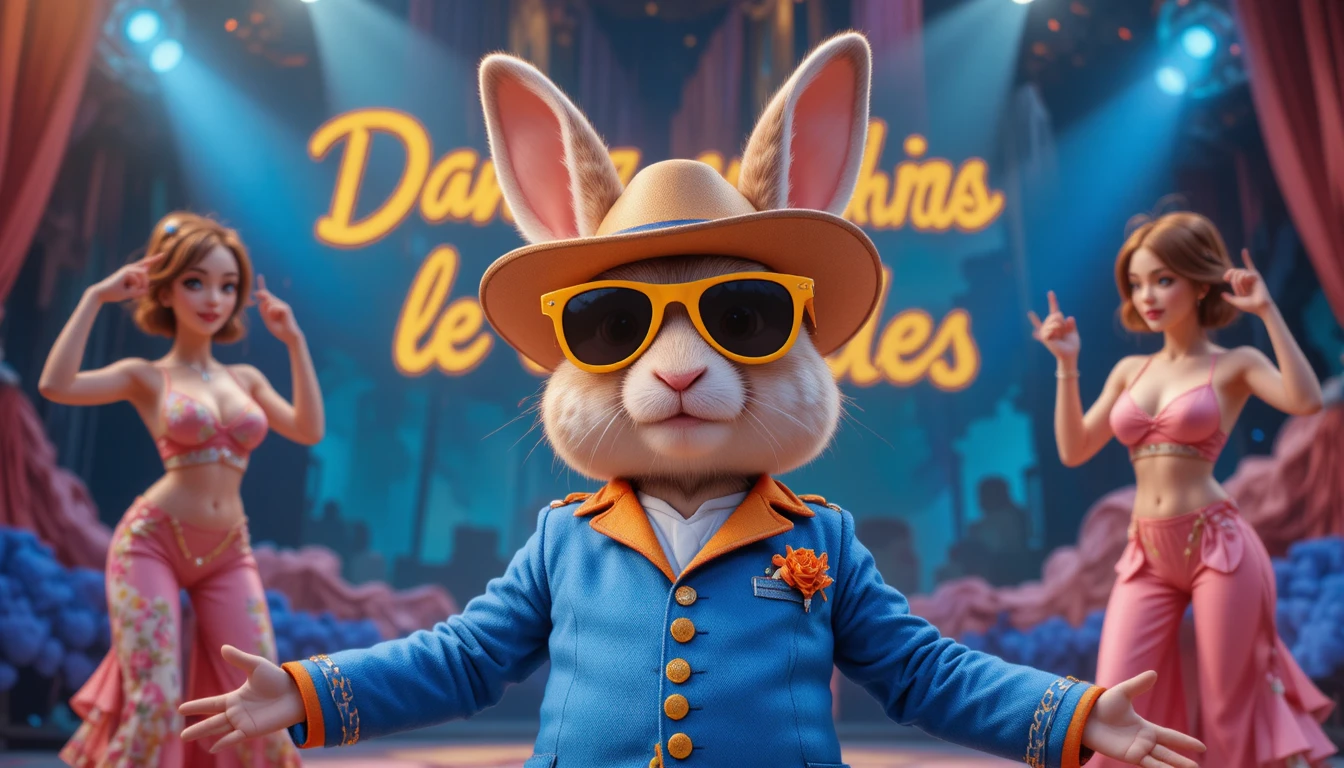 Cartoon CGI rabbit relaxing on a colorful stage