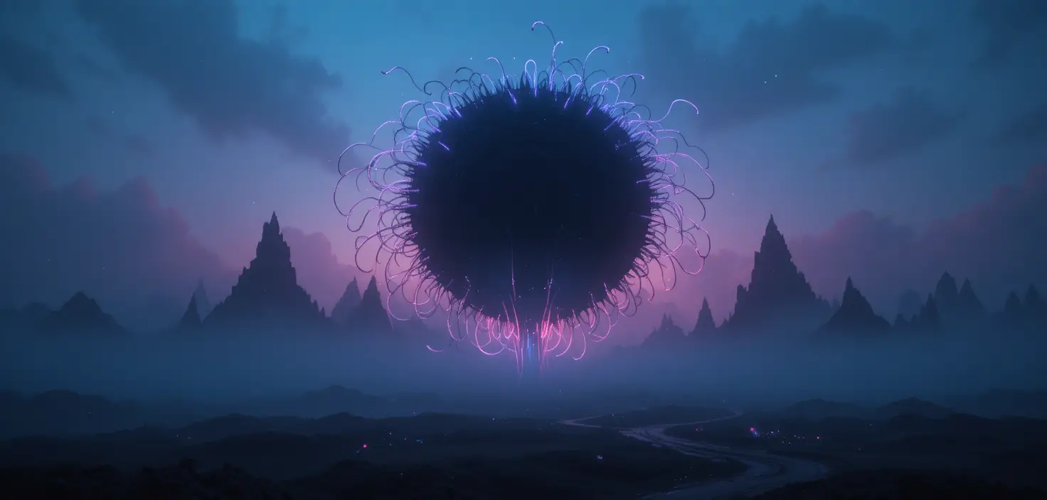 Surreal Foggy Landscape With Colossal Black Circle At Blue Hour