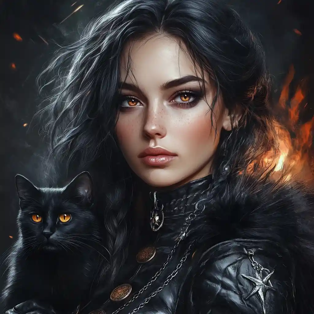 Dark fantasy witch with amber eyes and black cat