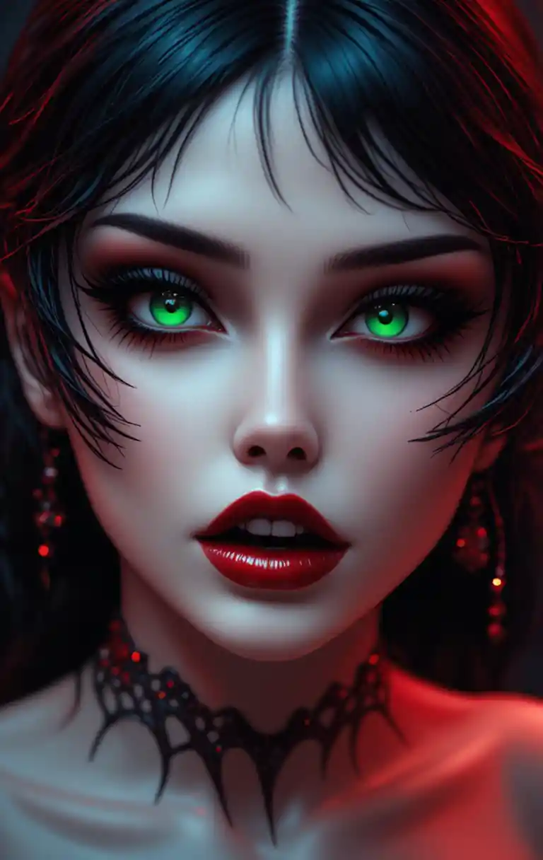 Seductive vampire woman close up with piercing green eyes