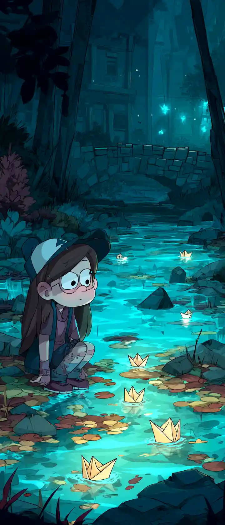 Sad anime girl kneeling by a strange backward flowing river
