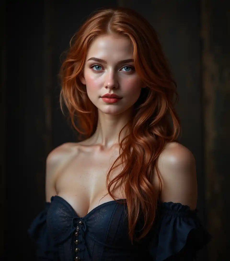 Red haired woman in navy off shoulder corset portrait