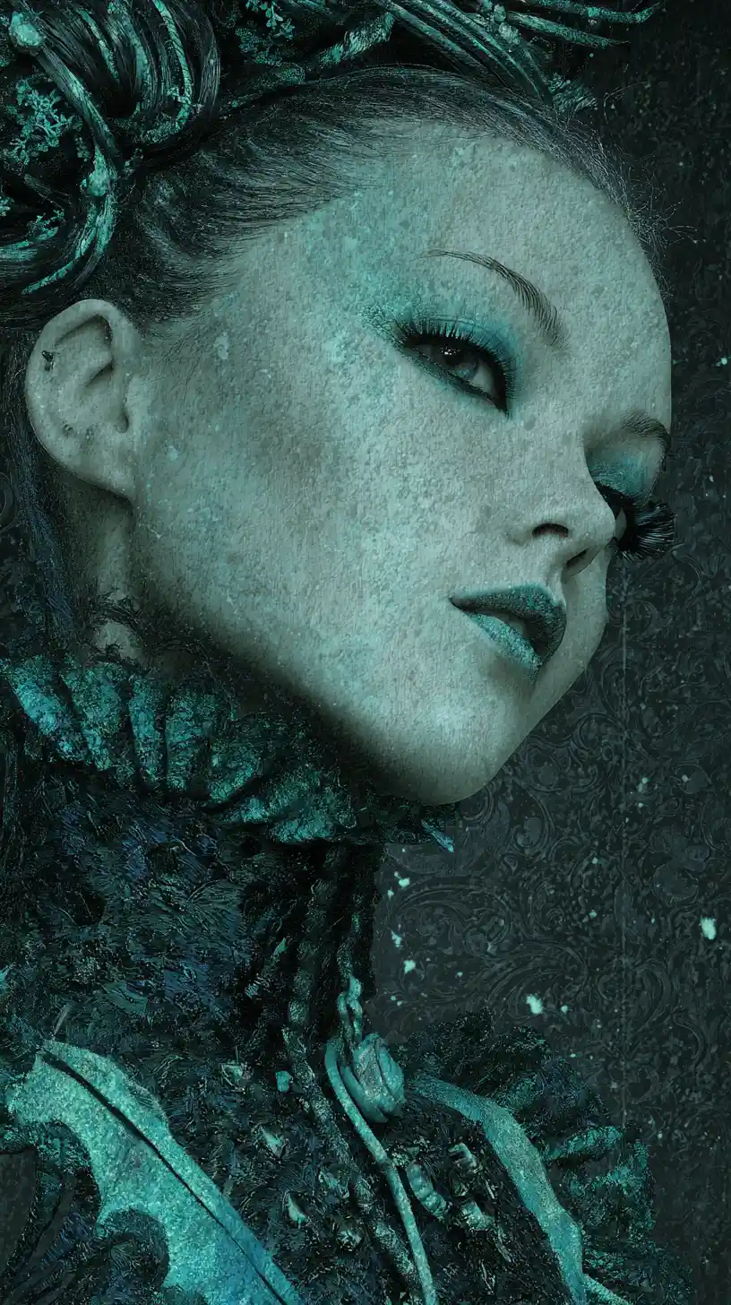 Gothic fantasy woman before a castle in teal night
