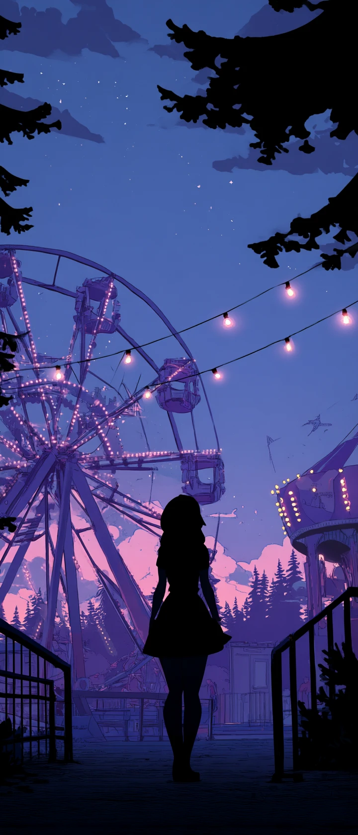 Anime spirit touching glowing lights in abandoned fairground
