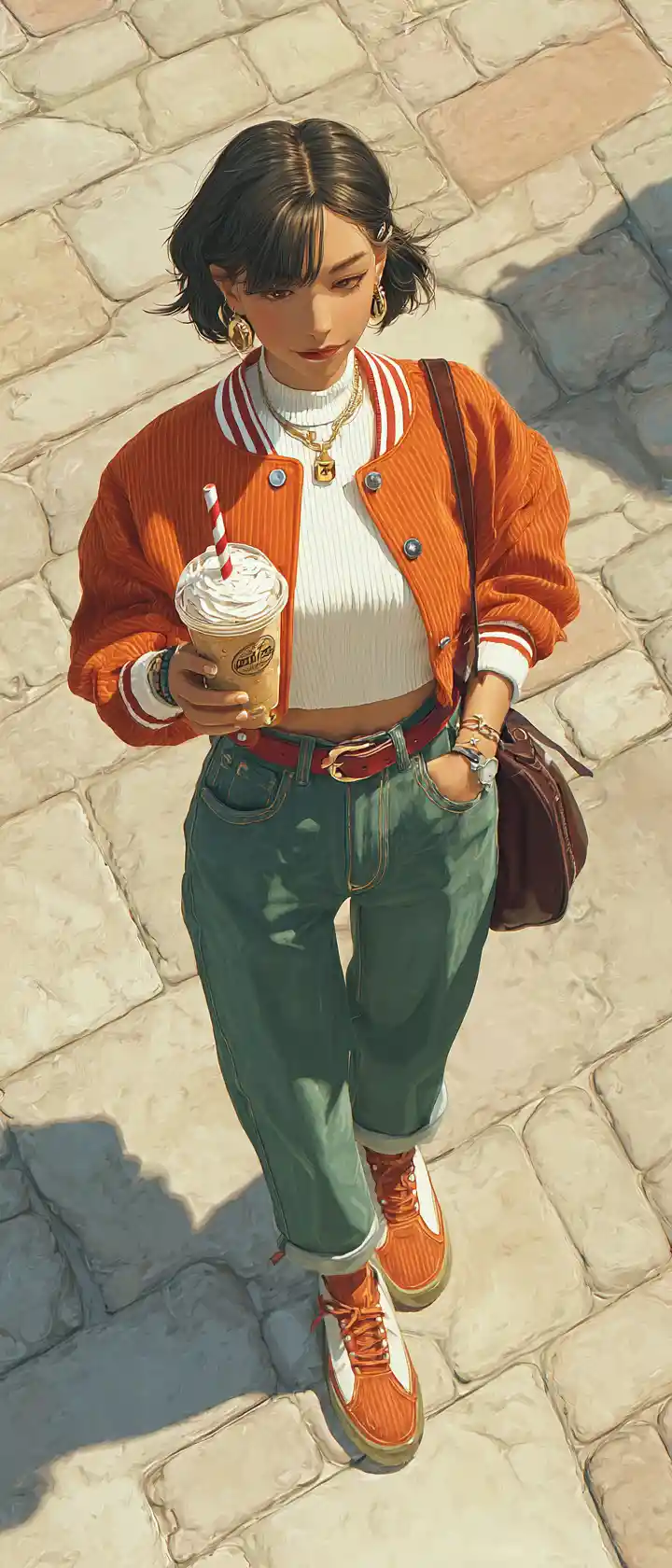 Woman holding iced coffee on a stone plaza