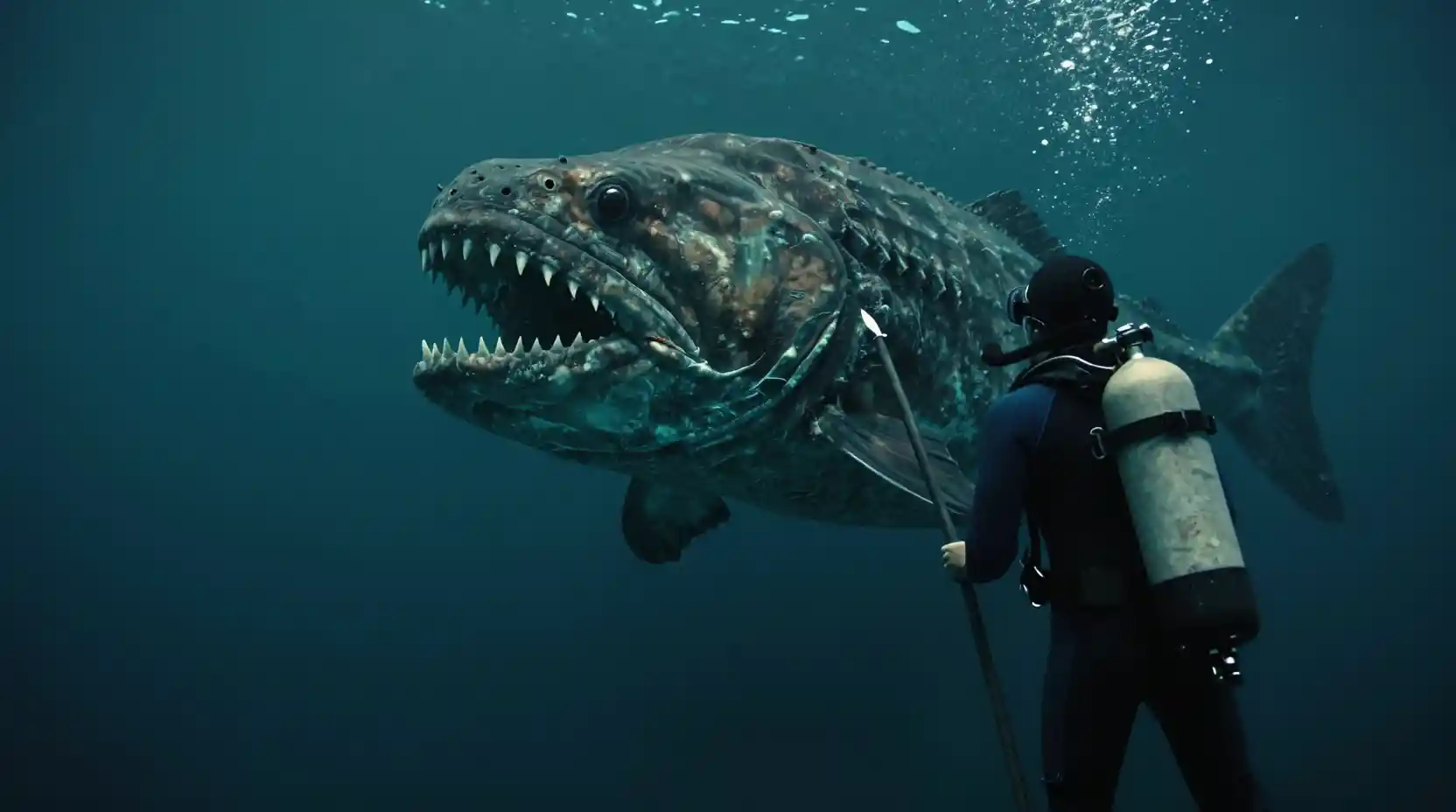 Ancient dunkleosteus stalking a diver in the deep sea