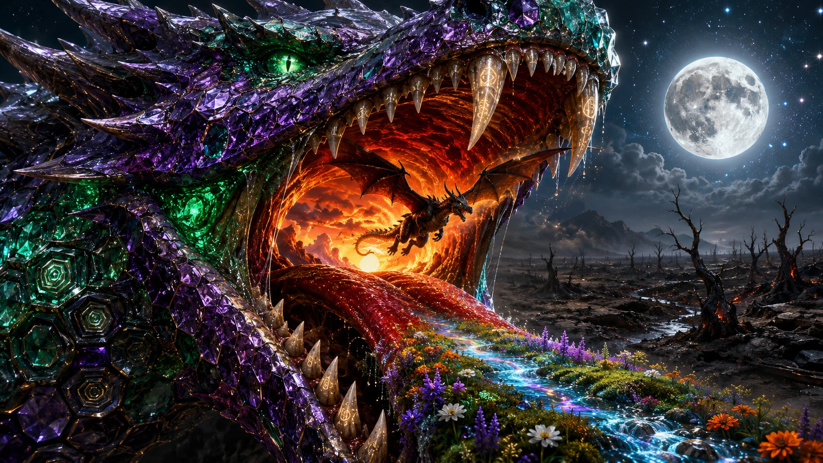 Crystal dragon roaring with glowing runes and prismatic light
