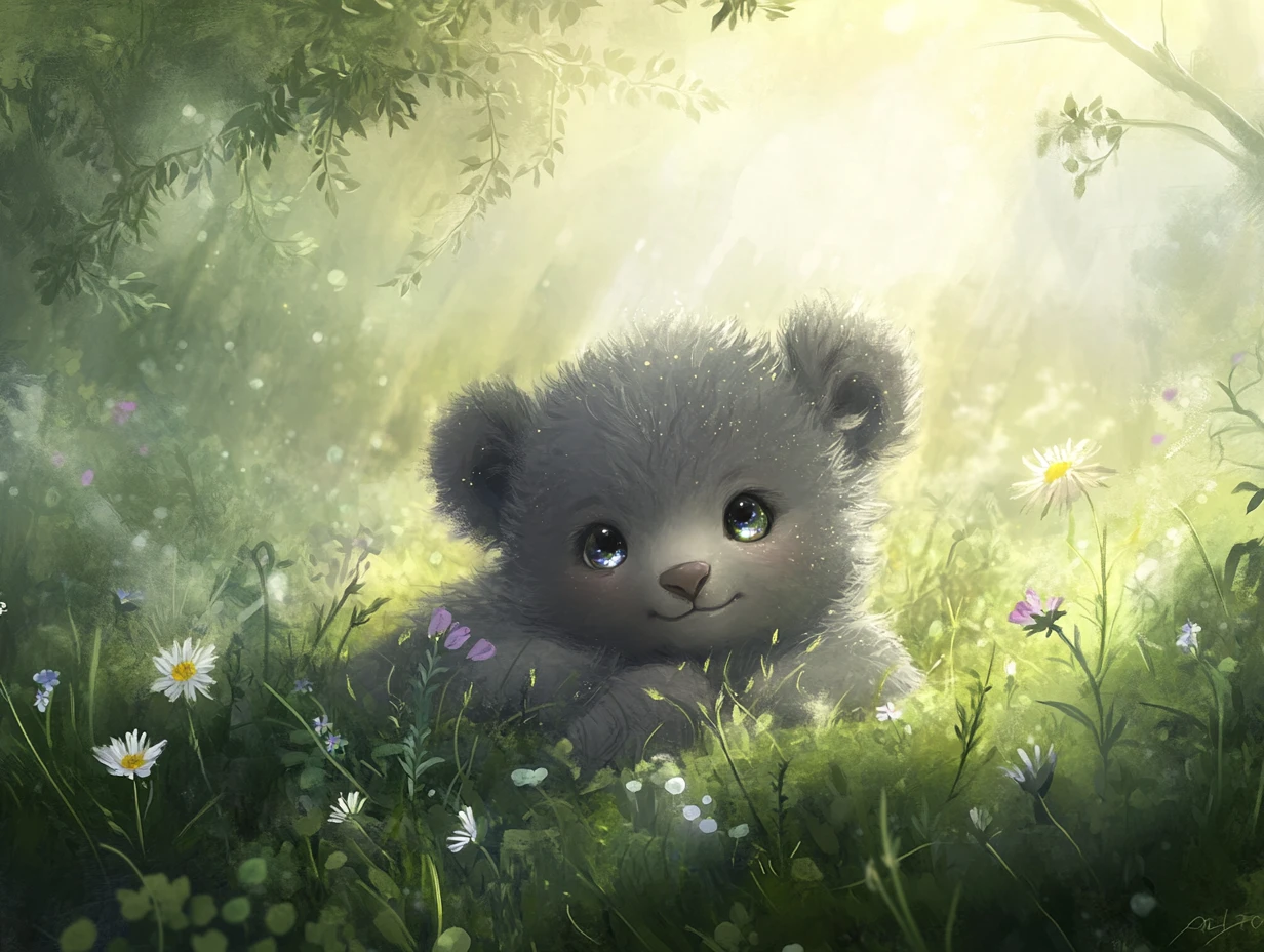 Cute baby animal resting in a misty green meadow